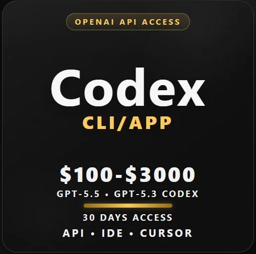 $100-$3000 баланс на модели GPT-5.5, GPT-5.4, GPT-5.3 Codex по API